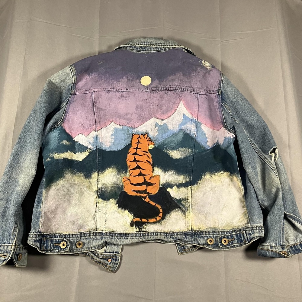 Old Navy Denim Jacket Womens XL Hand Painted Tiger Mountains Moon Distressed Art